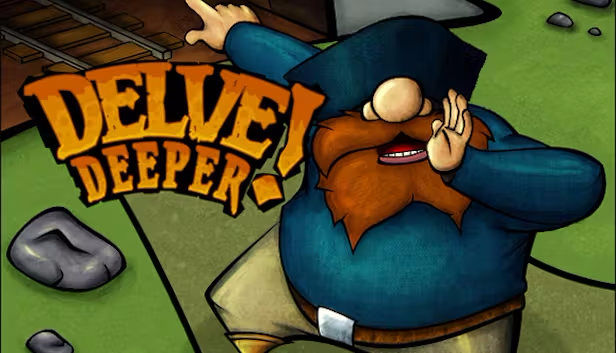 Delve Deeper key art: a dwarf mining team descending into a treasure-filled cavern